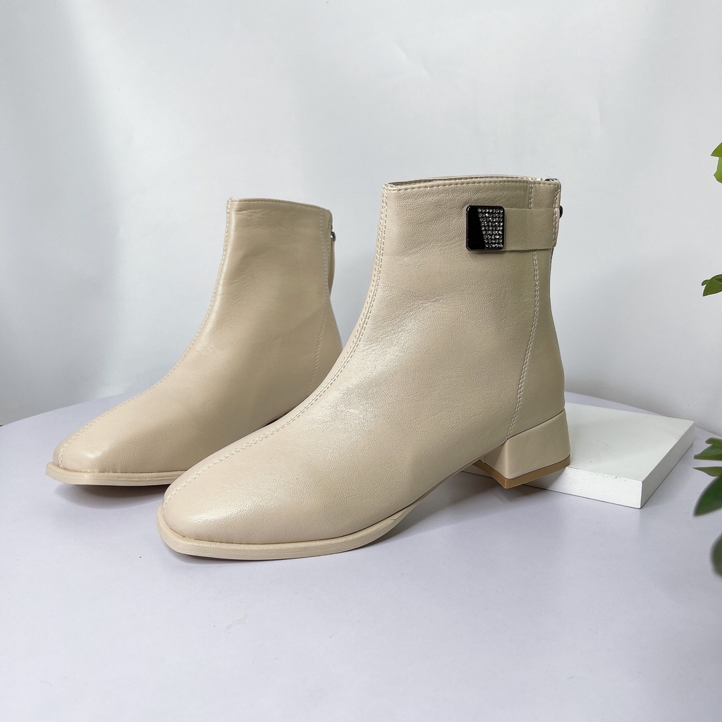 Boots Cổ ngắn 3cm Gót trụ phối Khuy Đá kim loại Da mềm Khóa sau cao cấp B7396 VNXK