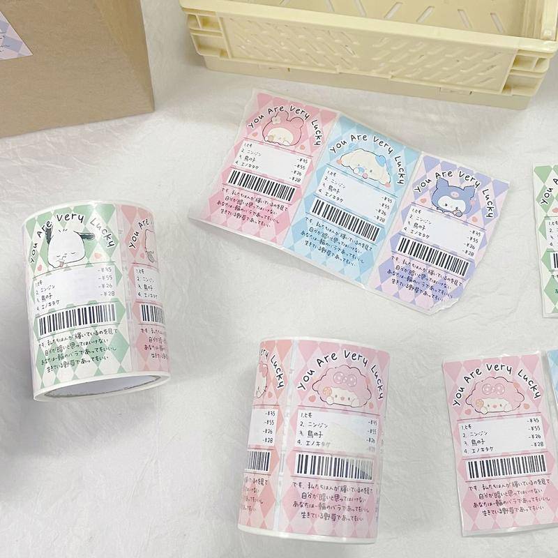 Cuộn 100 Nhãn Dán Trang Trí Hộp Quà Họa Tiết Sanrio mymelody Kuromi Cinnamoroll Pochacco