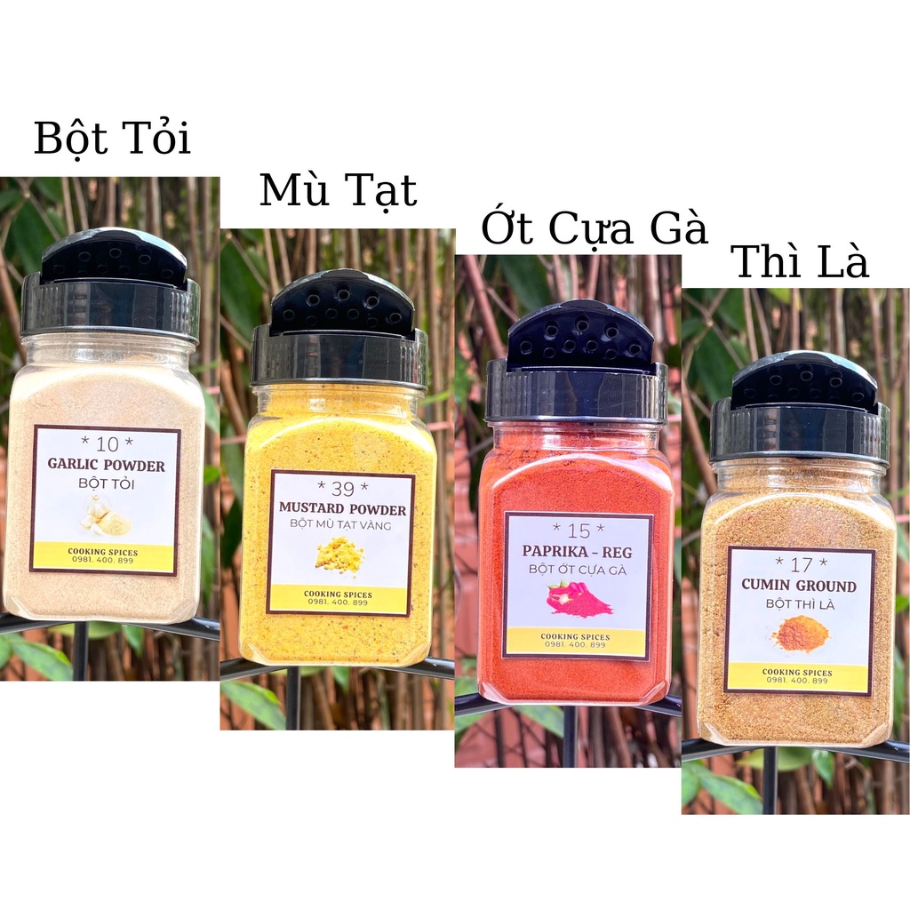 Gia vị Tỏi, Mù Tạt Vàng, Ớt Cựa Gà, Thì Là. Hũ nắp hạt tiêu tiện dụng