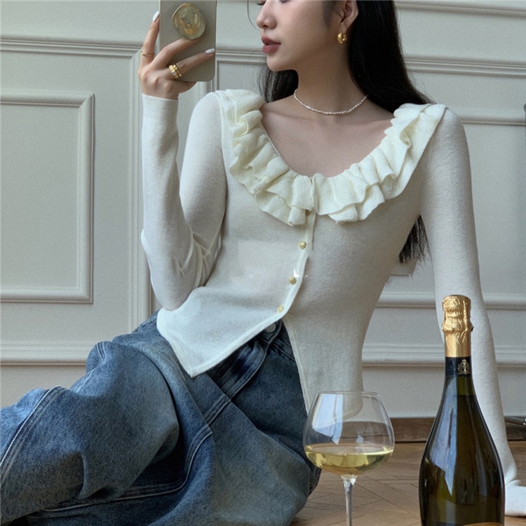 Áo cardigan Dệt Kim Cổ Thấp Lưng Cao Phối Ren Kiểu Pháp Xinh Xắn Cho Nữ