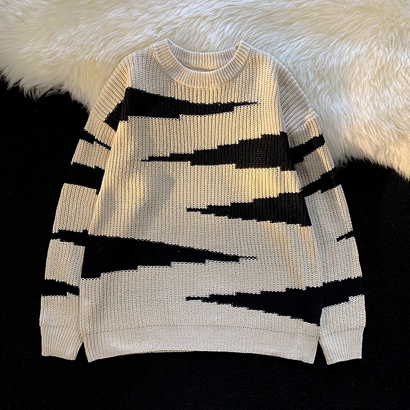 Áo sweater Dệt Kim Cổ Tròn Dáng Rộng Màu Sắc Tương Phản Thời Trang Mùa Đông Cho Nam