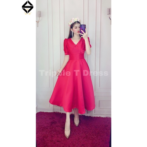 Đầm xoè cưới đi bàn nhẹ nhàng TRIPBLE T DRESS bo eo tay phồng nơ lưng - size S/M/L -MS103Y