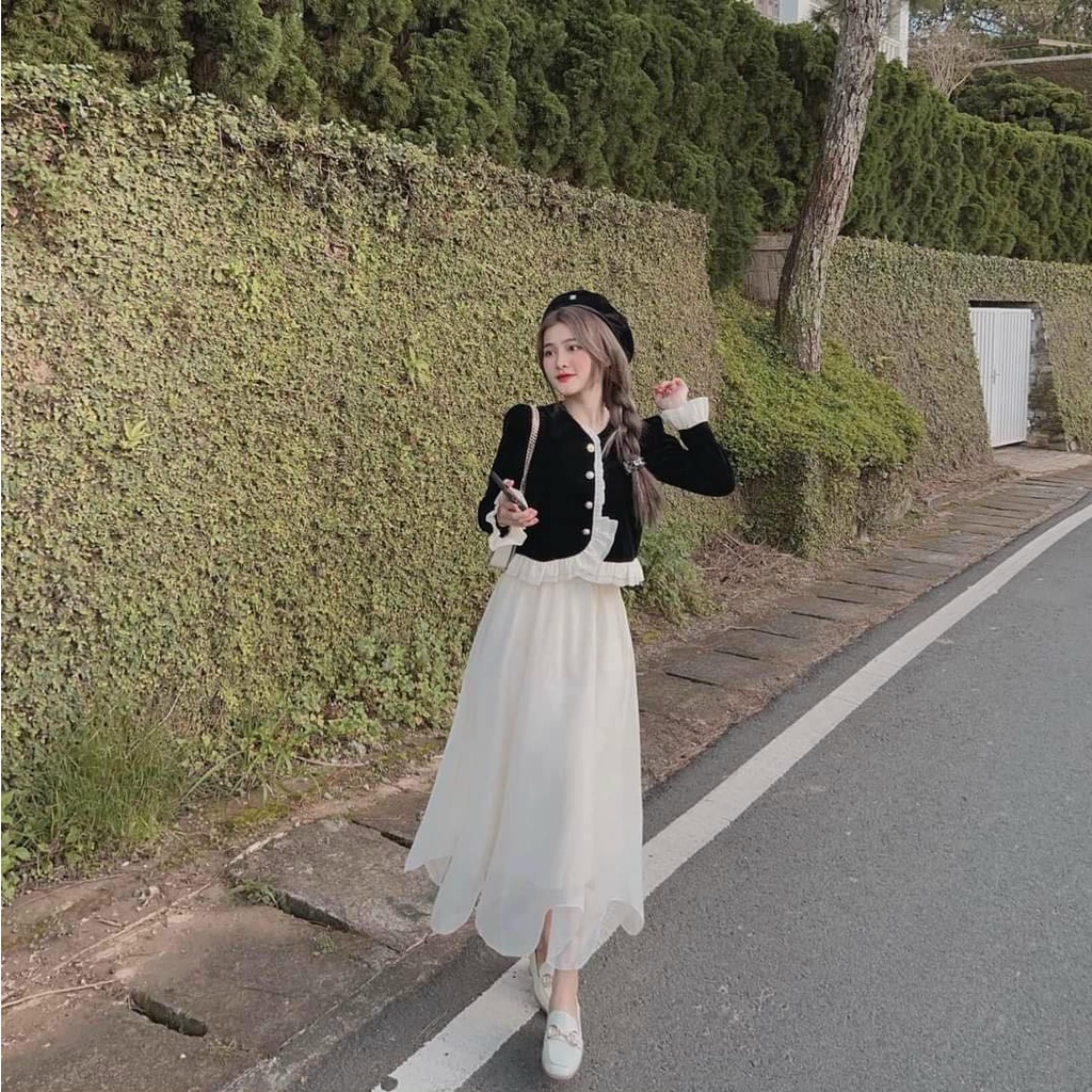 Set đầm thu đông 2023 áo tay dài bèo mix chân váy voan tơ có lót dày dặn - Set tiểu thư thu đông mới nhất