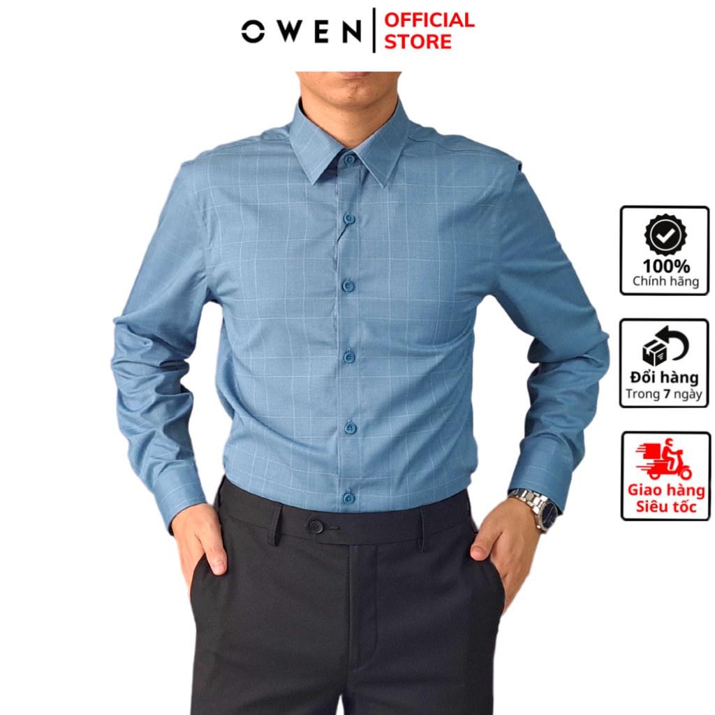 Áo sơ mi dài tay nam OWEN AS220834D somi công sở vải sợi tre cao cấp kẻ caro xanh dáng slim fit tà lượn không túi