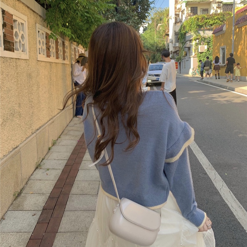 IELGY   Bộ Áo Khoác cardigan Dệt Kim Ngắn Màu Xanh Dương Ngọt Ngào Kèm Chân Váy Ngọt Ngào [Đặt Hàng Riêng Biệt]