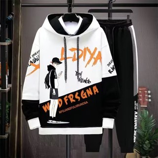 Set Áo Hoodie In Chữ + Quần Dài Phong Cách Hip Hop Đường Phố Nhật Bản Cao Cấp Cho Nam