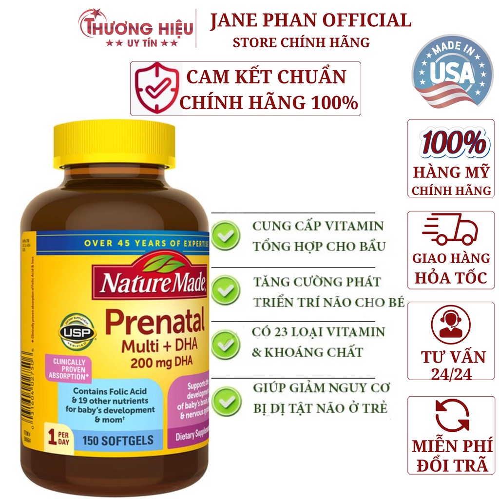 Bổ Bầu, Viên Uống Vitamin Tổng Bà Bầu, Nature Made Prenatal Multi DHA hộp 150 viên của Mỹ CHUẨN MỸ 100%