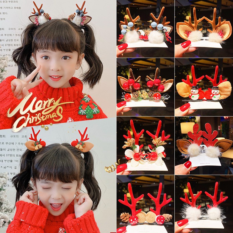 Set kẹp tóc noel nơ cài đầu hình sừng tuần lộc họa tiết giáng sinh cho bé