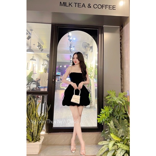 Đầm dự tiệc 2 dây xoè tùng bí chất nhung siêu sang chảnh