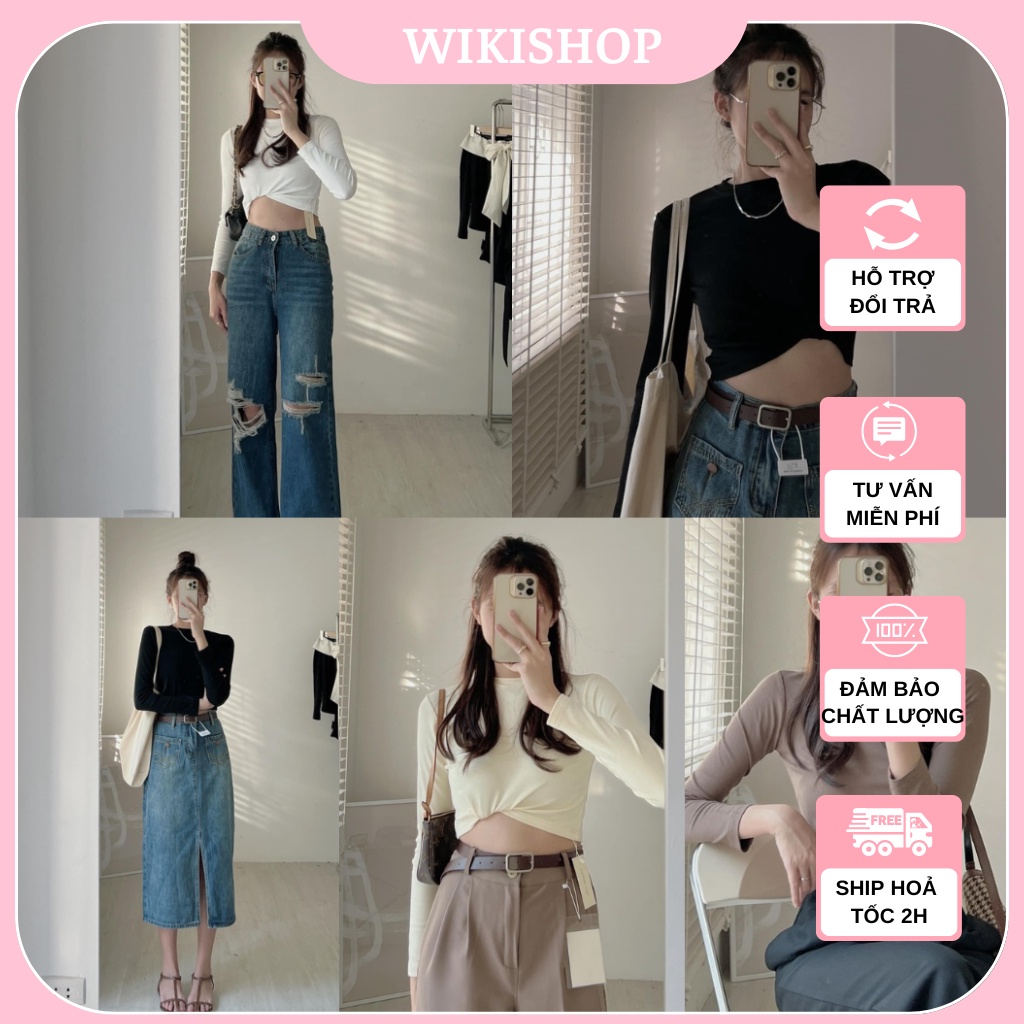 Áo croptop dài tay, áo thun nữ cổ tròn trơn dáng lửng phom ôm body sexy hở eo freesize hàn quốc đi chơi Wikishop C1202