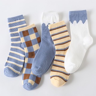 Set 5 đôi vớ caro sọc cổ cao, tất nam nữ sọc caro loang