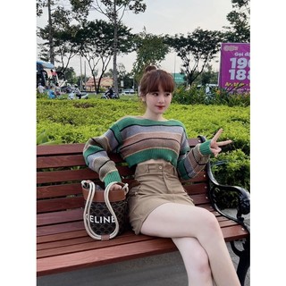 Crop len tay dài sọc xanh