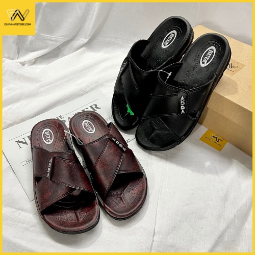 Dép Nam Nâu Đen 2 Quai Ngang Chéo Dán Khóa Trung Niên Pu Giày Duy Nhật Store Đế Đúc Độn 3cm Cao Bền Mềm Buta Thái Nhựa