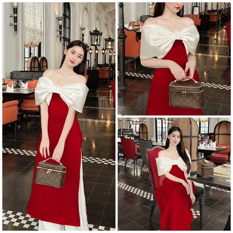 SET ÁO DÀI ĐỎ NƠ TRỄ VAI QUẦN SUÔNG