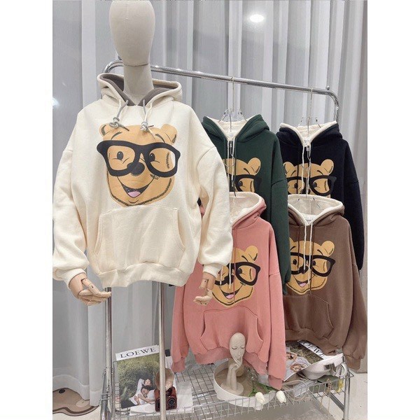 Áo Hoodies Nữ Gấu Đeo Kính Vải Nỉ Dày 2 Nón Form Rộng Mặc Đẹp NEW UNISEX