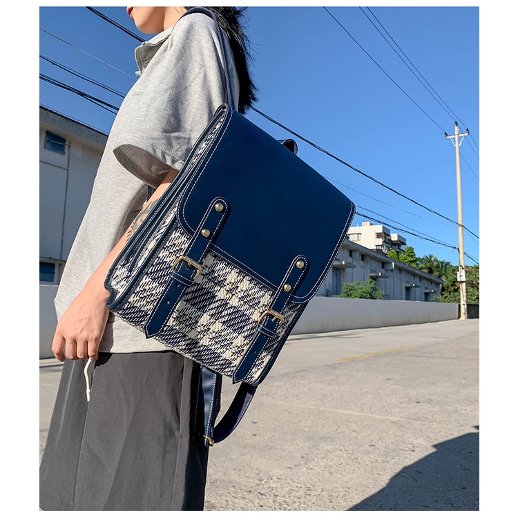 Balo Da Pu Đi Học Cho Nữ Màu Đen Trắng Xanh Phong Cách Vintage Hàn Quốc Cặp Sách Da Kẻ Hình Hộp Chữ Nhật Tiểu Thư Xinh