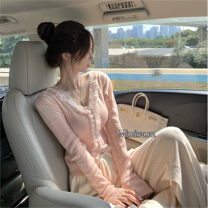 Áo Dệt Kim Nữ Tay Dài Cổ Chữ V Viền Ren Đơn Giản Thời Trang Hàn Quốc