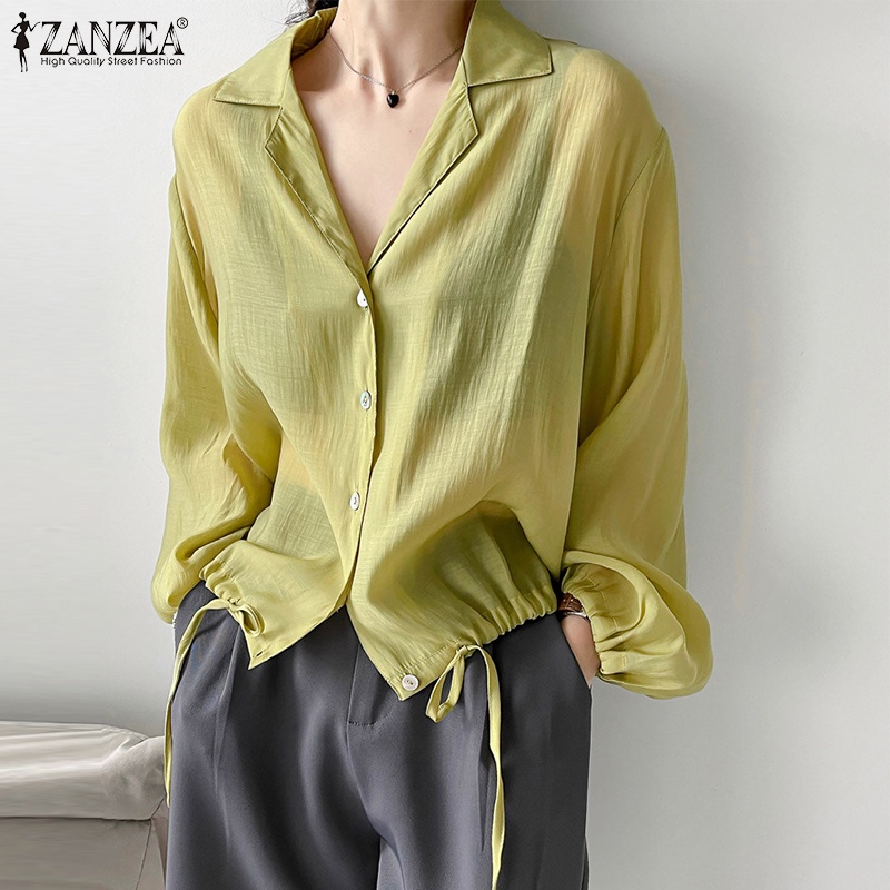 Áo sơ mi ZANZEA tay dài cổ bẻ thiết kế dây rút phong cách Hàn Quốc thời trang cho nữ
