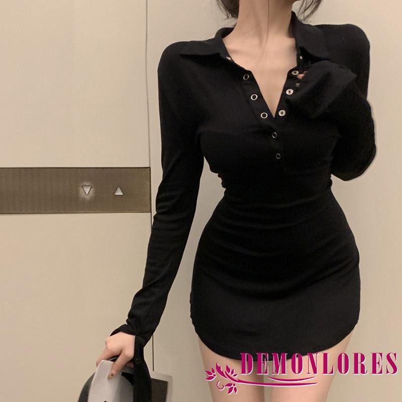 Đầm Ôm Dáng Tay Dài Cổ Bẻ Cài Nút Màu Trơn Dành Cho Nữ