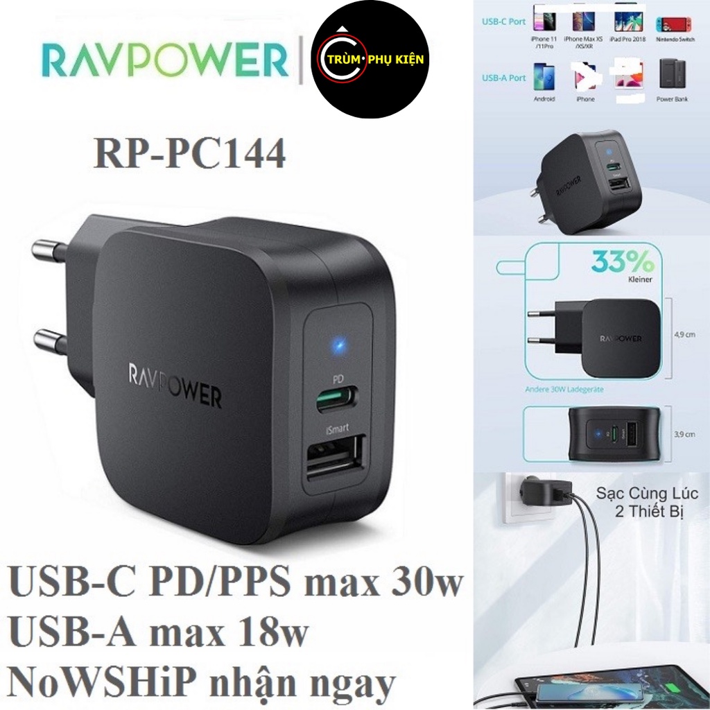 Củ sạc nhanh 30w 2 cổng RAVPower RP-PC144 hỗ trợ PD/PPS