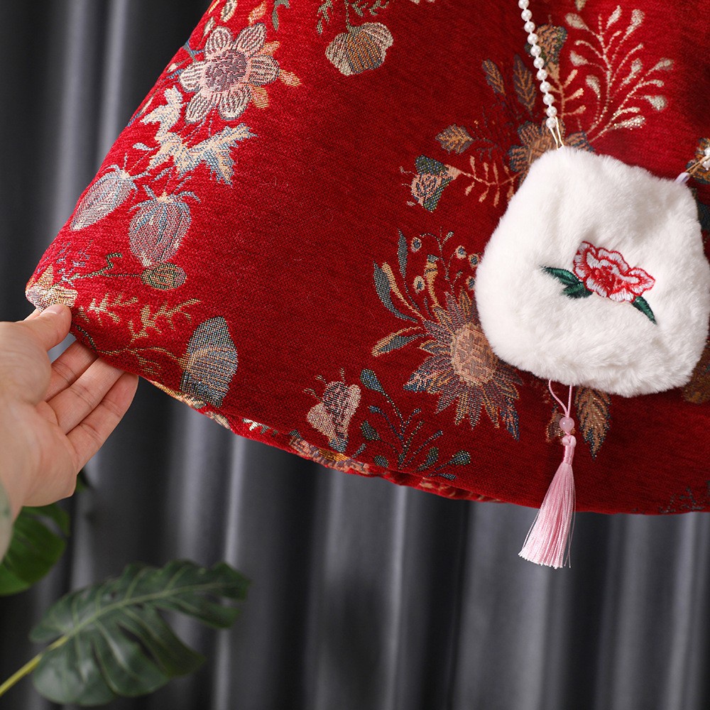 Đầm Sườn Xám May Chần Dày Dặn Phong Cách Trung Hoa Mừng Năm Mới Cho Bé Gái