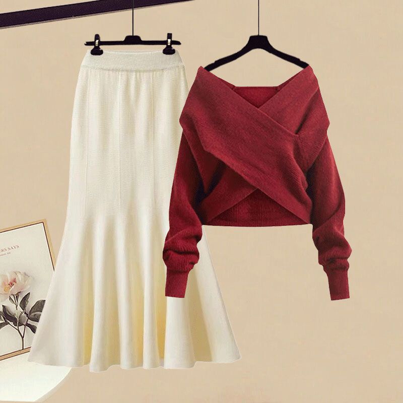 Bộ Áo Sweater Dệt Kim + Chân Váy Đuôi Cá Dáng Ôm Thời Trang Mùa Thu 2022 Plus Size Cho Nữ