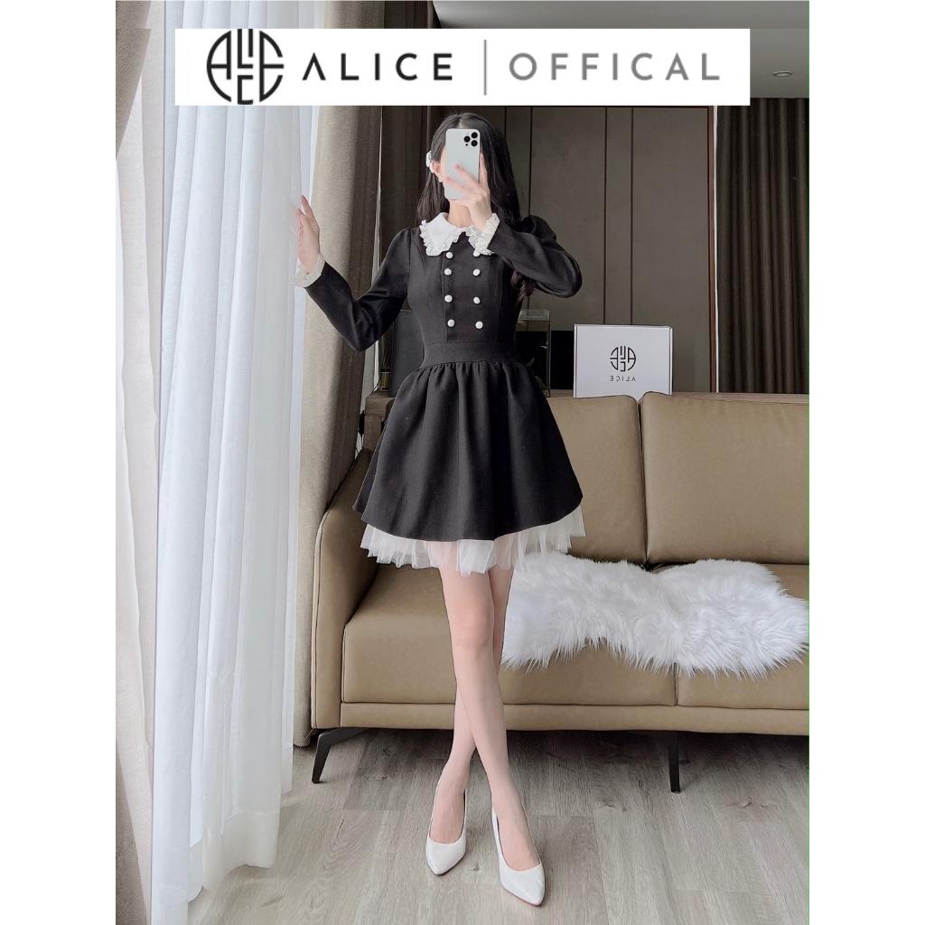 Váy Dạ Tiểu Thư ALICE Kiểu Dáng Dài Tay, Chân Váy Phối Vải Lưới 2 Tầng Phong Cách Điệu Đà, Thanh Lịch V1055