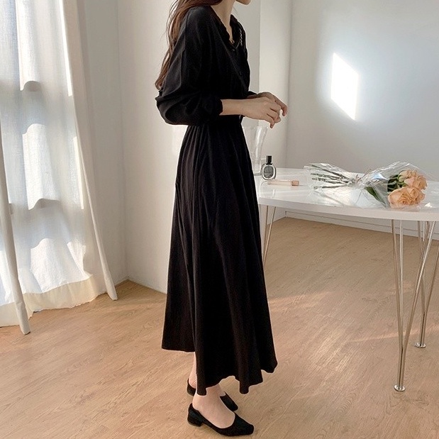 Đầm SUXI dáng chữ A tay dài màu sắc đơn giản thời trang Hàn Quốc dành cho nữ