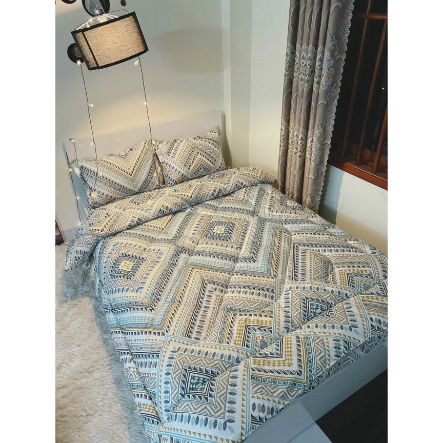 (Freeship + SALE)  Trọn bộ 5 món ga gối chăn mền phao poly cotton mẫu Thổ cẩm trắng có ruột bông dày (nhắn chọn mẫu)