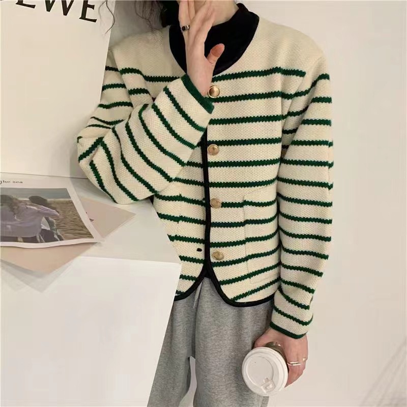 Áo Khoác Len Dệt Kim Phong Cách Hàn Quốc Xinh Xắn Cho Nữ Áo Sweater Tay Dài Kẻ Sọc Dễ Thương Free Size