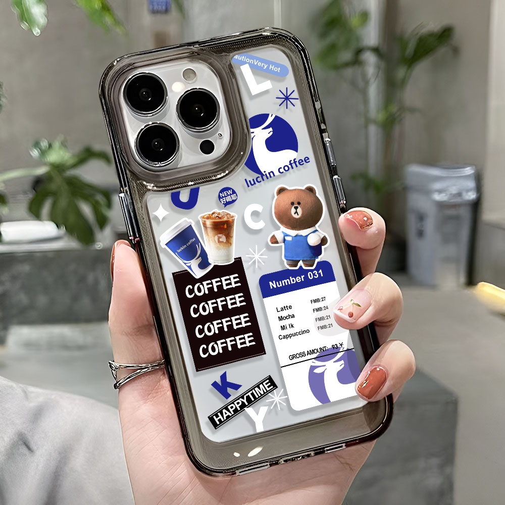 Ốp Điện Thoại Trong Suốt In Hình Gấu Và Cà Phê Cho iphone 14 Pro Max 13 11 12 7Plus X XR XS Max 8 7