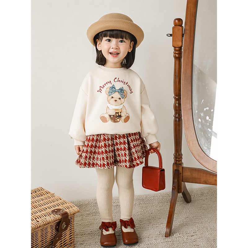 Áo Nỉ Chui Đầu Dáng Rộng Lót Lông Cừu Họa Tiết Gấu Hoạt Hình Dễ Thương Cho Bé Gái
