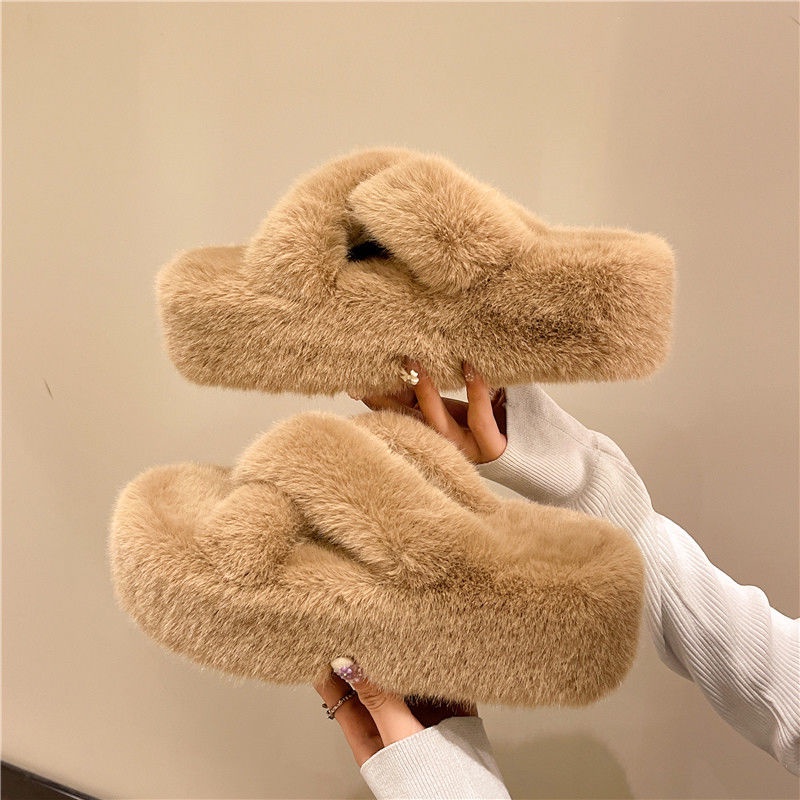 Dép Bông Đi Trong Nhà Đế Dày 5cm/4cm Phối Lông Nhung Thời Trang Thu Đông Mới Cho Nữ