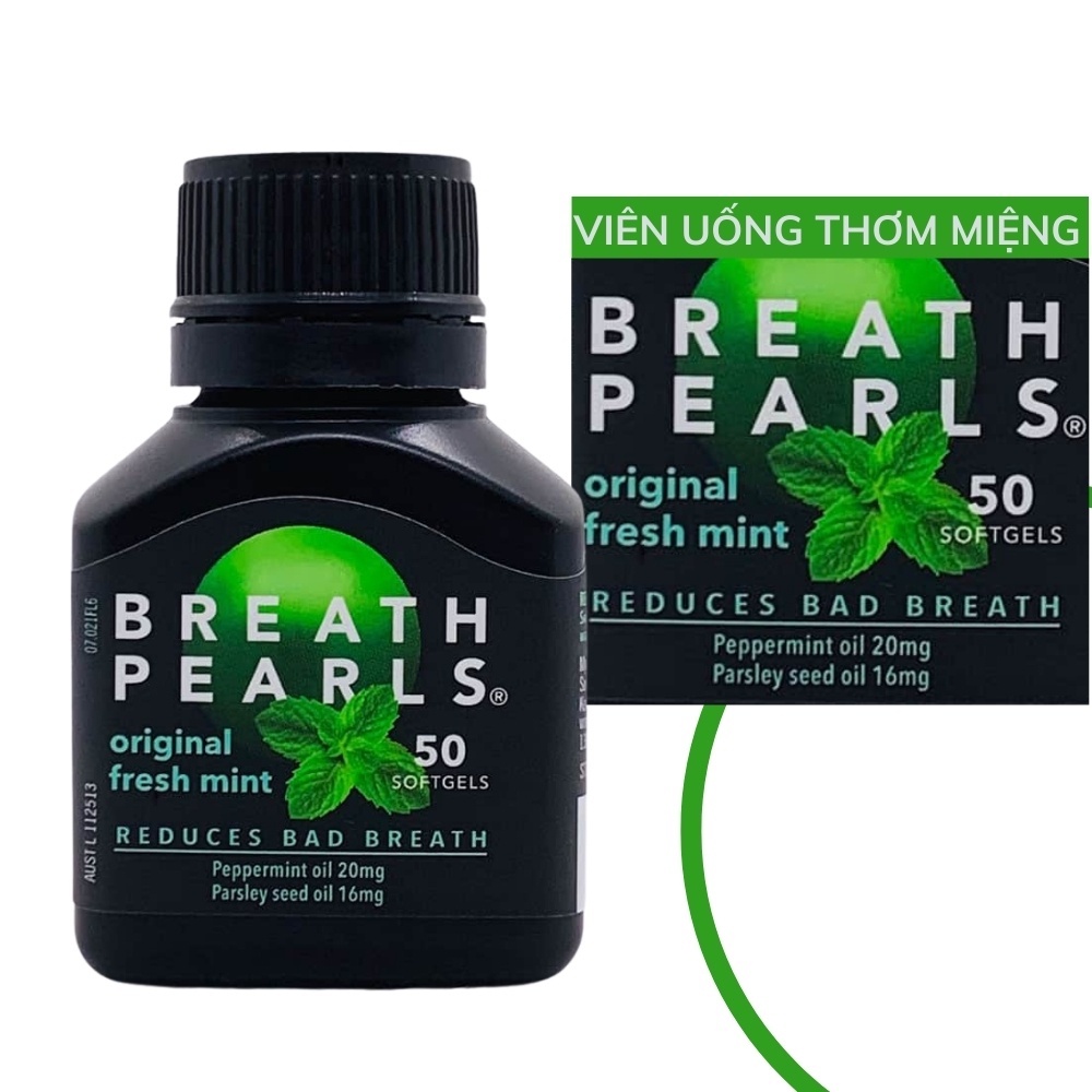Viên uống hỗ trợ thơm miệng Breath Pearls 50 viên, Viên uống thơm miệng Original fresh mint Úc