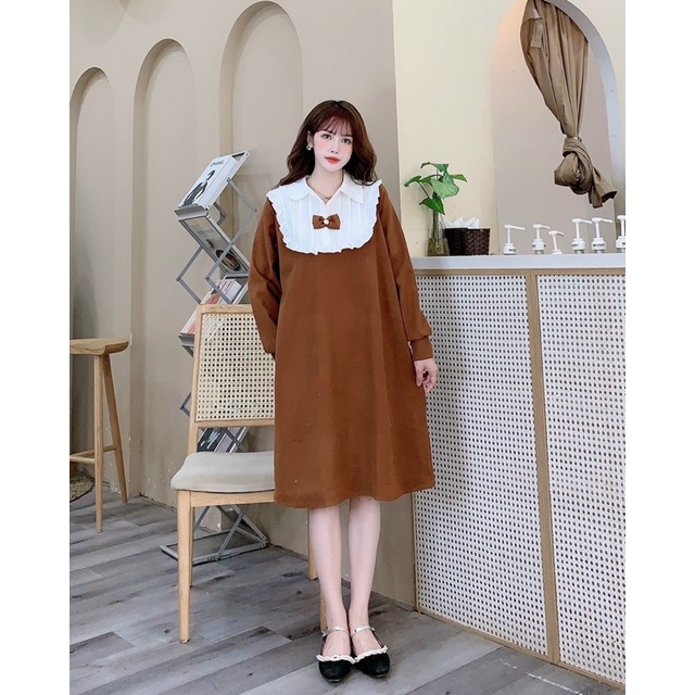 Váy Bầu cổ sơ mi ,bèo nơ siêu xinh,dáng xuông-hàng loại 1-freesize 43-68kg