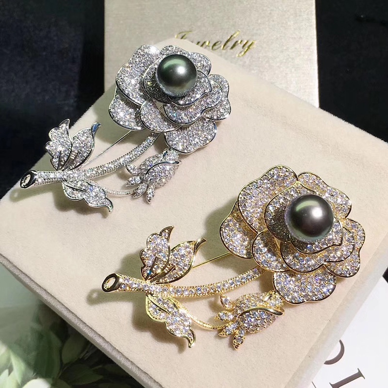 Ghim Cài Áo Mạ Vàng Dày Đính Đá zircon Ngọc Trai Nước Ngọt Cho Nữ