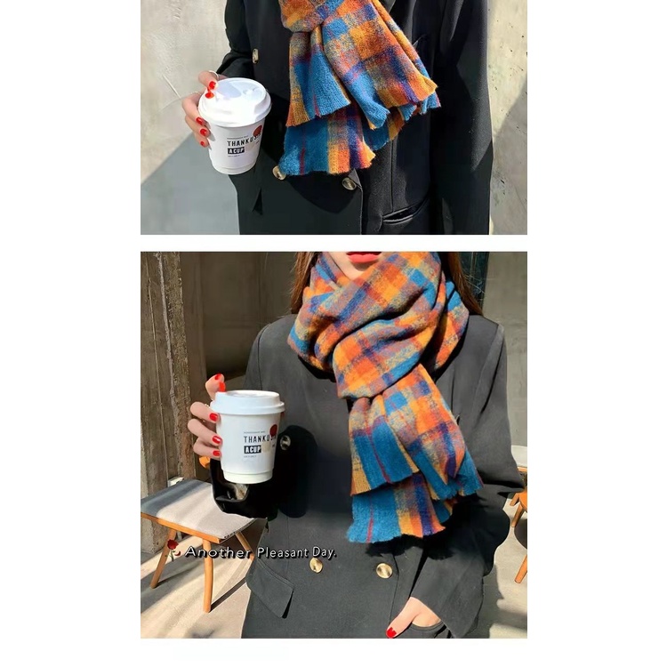 Khăn Choàng Cổ Dệt Kim Dày Dặn Họa Tiết Kẻ Sọc Kiểu Retro Hàn Quốc Thời Trang Thu Đông Cho Nữ