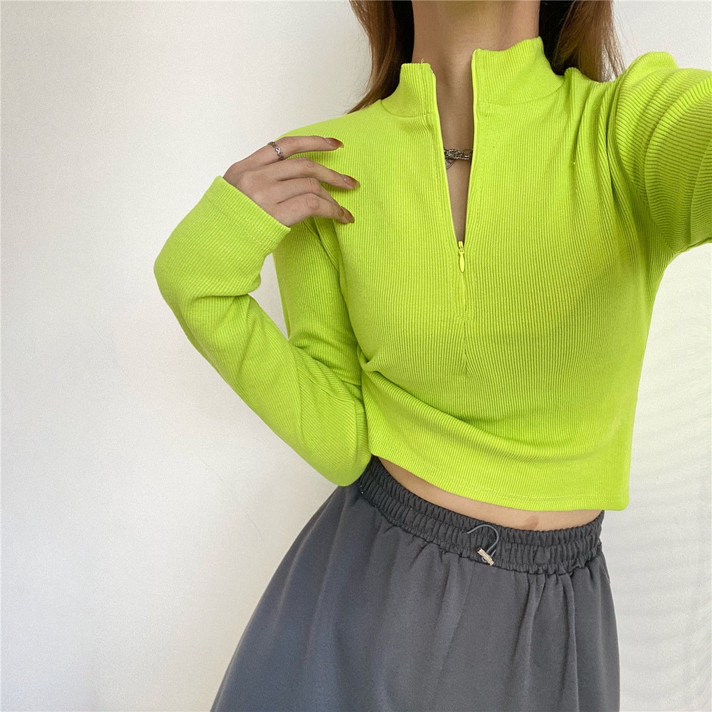 Áo Thun Tay Dài Cổ Đứng Dáng Ôm Ngắn Màu Xanh Lá Dạ Quang Phong Cách Âu Mỹ Cá Tính Cho Nữ