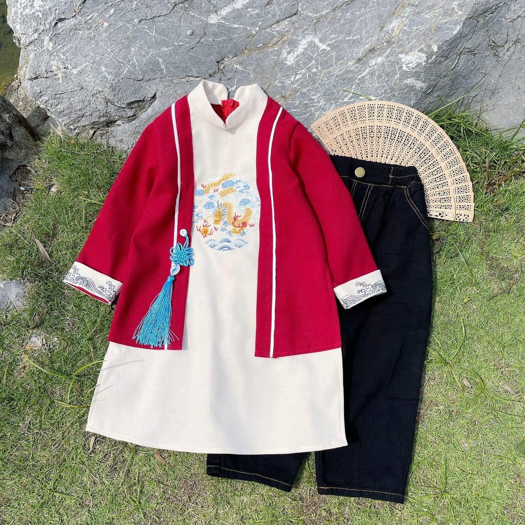 Áo dài Tết cách tân cho bé trai thêu rồng  size 1 2 3 4 5 6 - TD4154