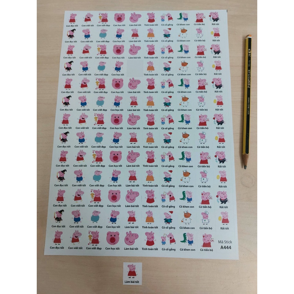 Sticker khen chữ HÌNH HEO PEPPA  40k 5 tờ A4 x 129 Stick - Mã A444