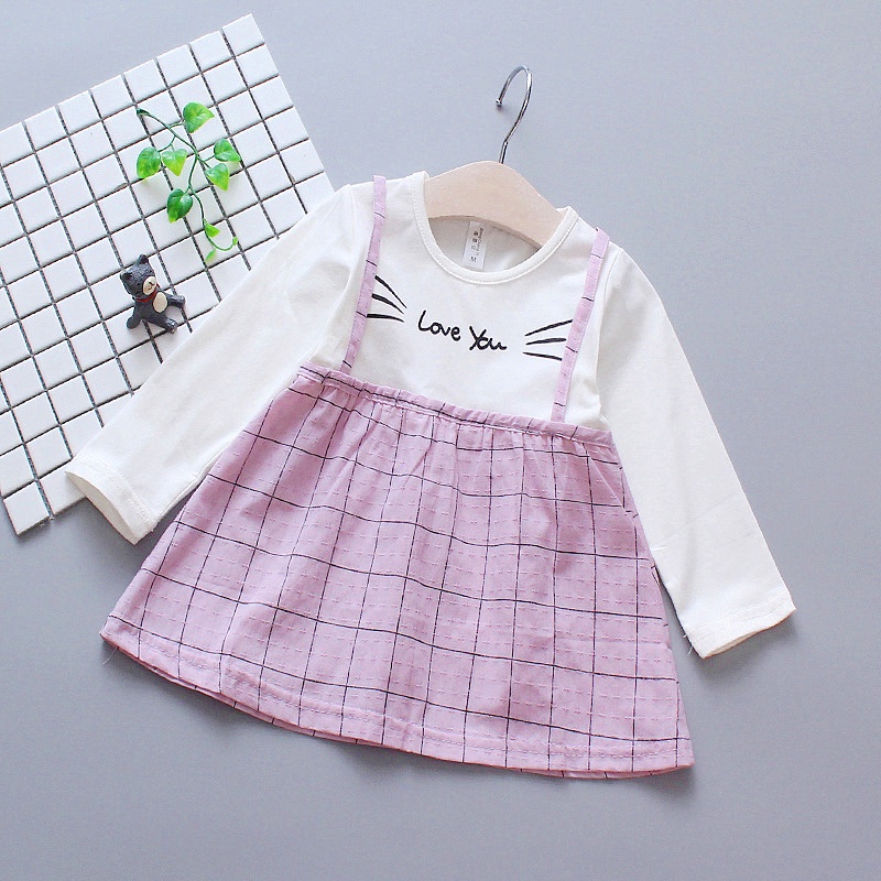 Đầm Cotton Giả Hai Lớp Tay Dài Dáng Rộng In Chữ Thời Trang Xuân Thu Cho Bé Gái 0-2 Tuổi