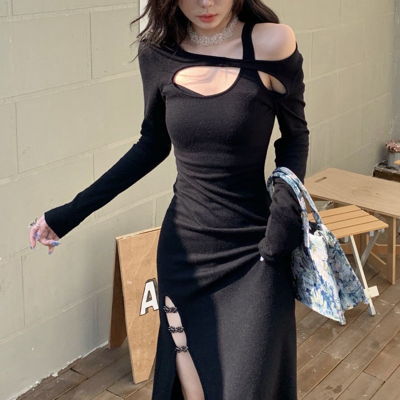 QKOOLE Đầm ôm dáng  xẻ tà hở vai thời trang Hàn Quốc quyến rũ cho nữ