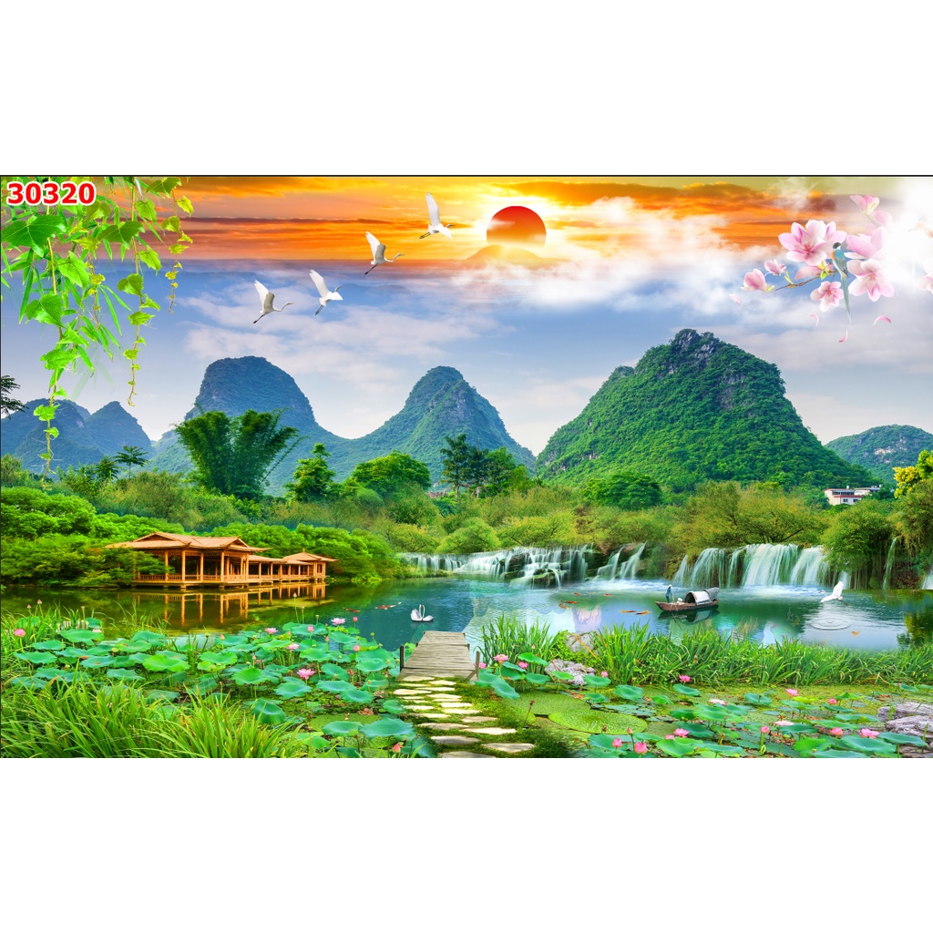 Tranh Dán Tường Sơn Thủy In Vải Lụa 3D Cao Cấp, không phai màu