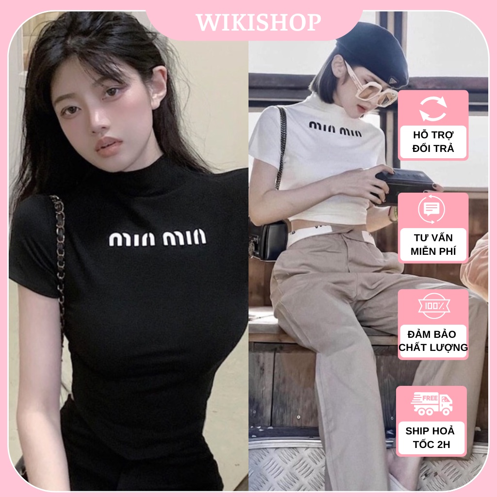 Áo croptop cộc taym áo thun nữ ôm body dáng lửng hở eo đen trắng Miu Miu freesize sexy hàn quốc basic Wikishop C1237