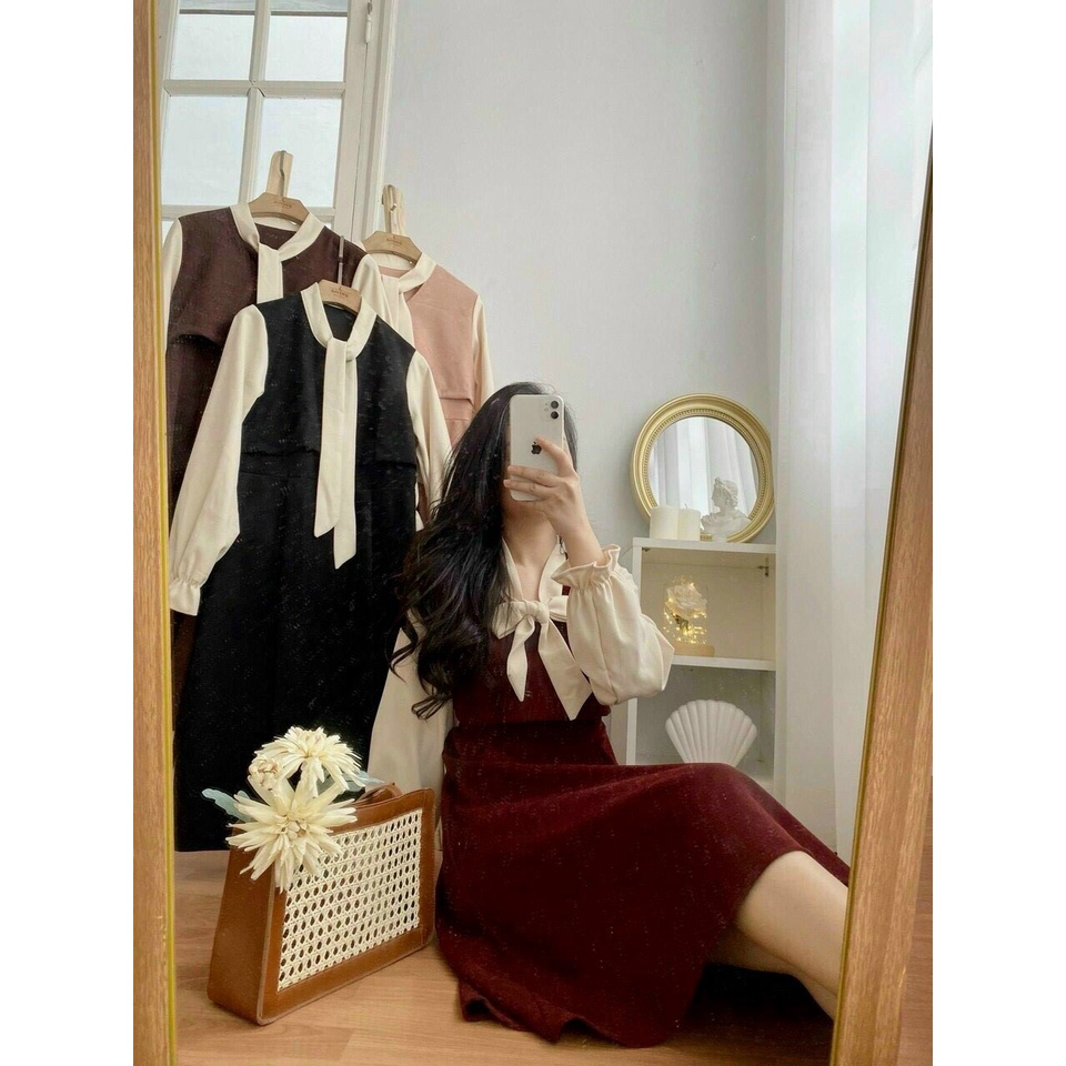Váy Nữ Tiểu Thư Sang Chảnh Nhung Thô Phối Cổ Nơ To Nhiều Màu Phù Hợp Đi Chơi Đi Dự Tiệc Đ9111