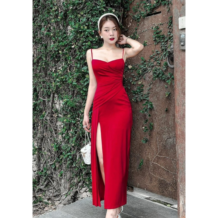 [có mút ngực] Đầm hai dây lụa xẻ tà dập lý chéo chất lụa tuyết đầm dự tiệc sang trọng - Redy