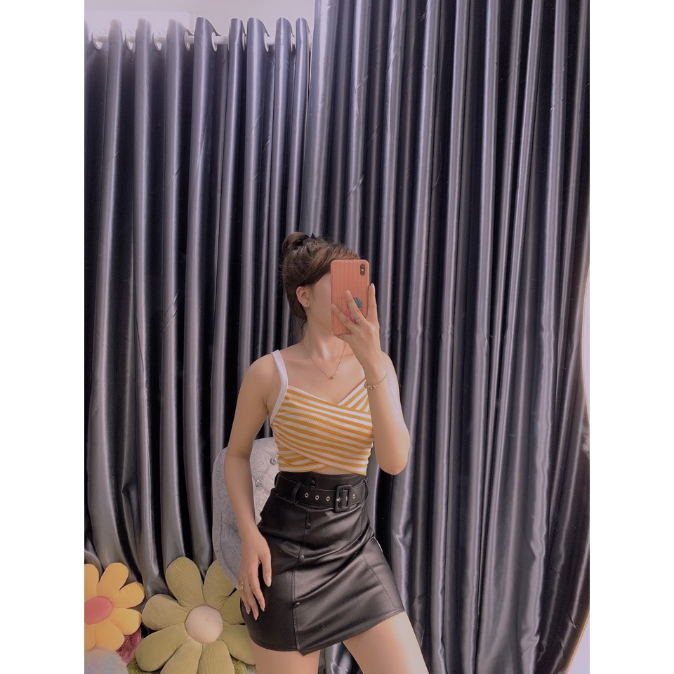 Áo 2 dây viền trắng croptop đắp chéo phối màu sọc ngang cực hot , chất thun gân mềm mịn