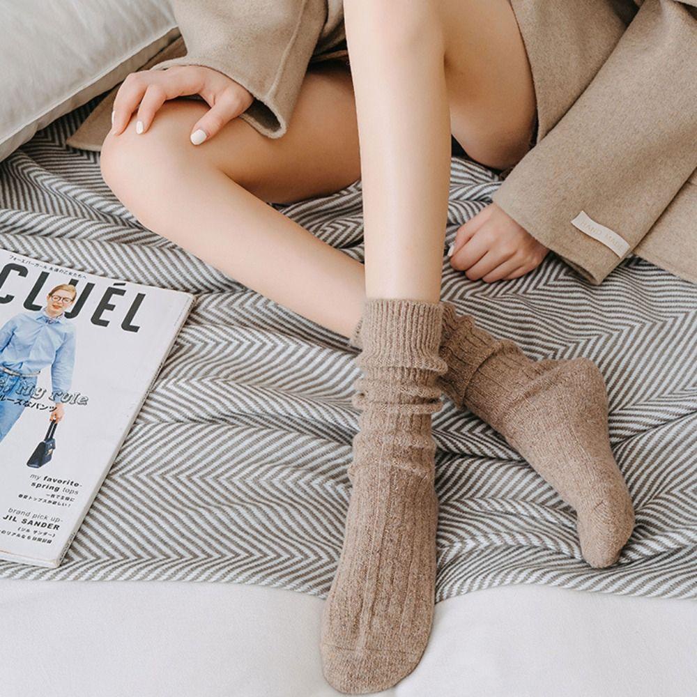 Vớ Len Ống Lửng Màu Trơn Họa Tiết Kẻ Sọc Thời Trang Mùa Đông Ấm Áp Cho Nữ