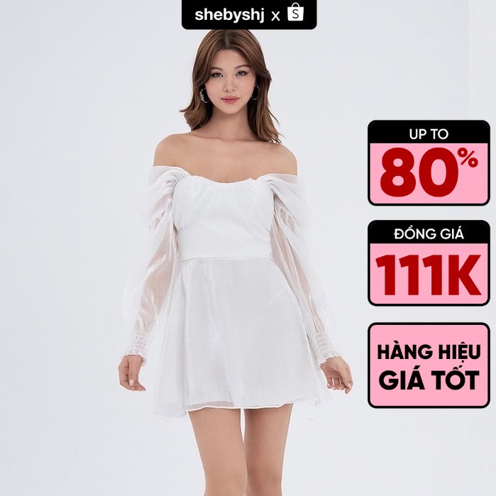 Đầm xoè voan SheByShj trễ vai tay dài phồng màu trắng - Fairy Dress