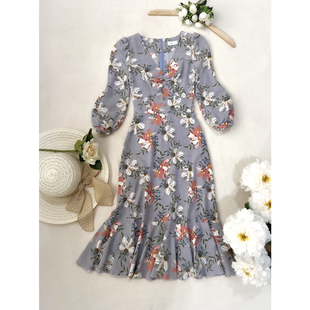 Đầm Midi cổ tim dún ngực, cài nút giả, tay phồng, tùng A phối bèo _ D9.709 _ Môn Bông Dây